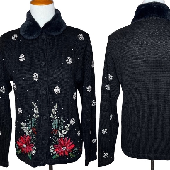Victoria Jones Embellished Poinsettia Snow Flake Cardigan Removable Fur Collar M - Picture 3 of 14